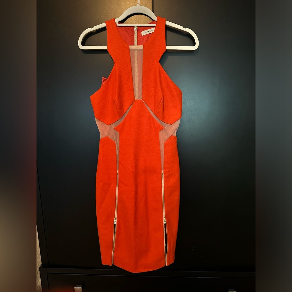 Three Floor mod cut out dress in poppy orange 6 small S zipper sheer